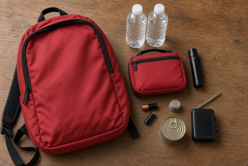Red emergency go-bag backpack on a wooden floor with bottled water, a first aid pouch, a flashlight, batteries, canned food, and a small radio