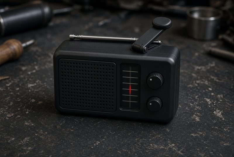 Black hand-crank emergency radio with a telescoping antenna on a dark workbench