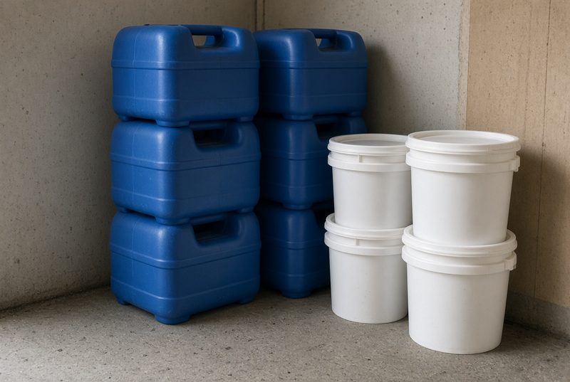 Emergency water jugs and storage buckets